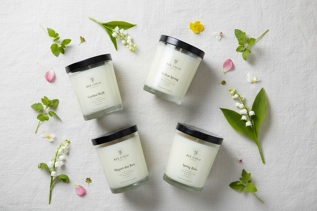 This is a bright, airy spring flat lay with all four candles — Garden Walk, Sicilian Spring, Muguet des Bois, and Spring Rain — arranged with fresh botanicals and petals on a light surface. 
