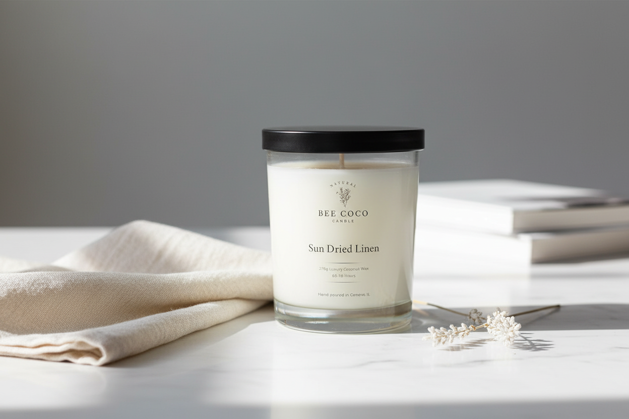 sundried inee candle on a white counter with white books and a white towel