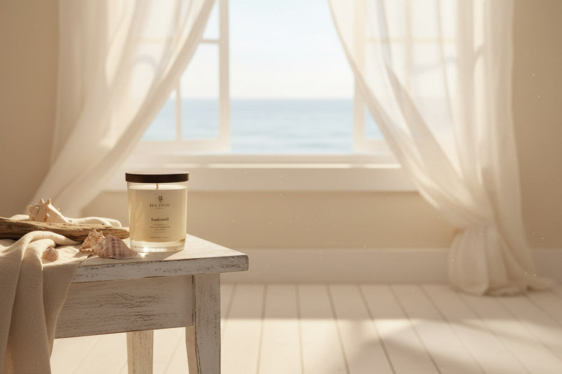 Sunkissed candle sitting on a blonde wood table in a naturally lit beach house