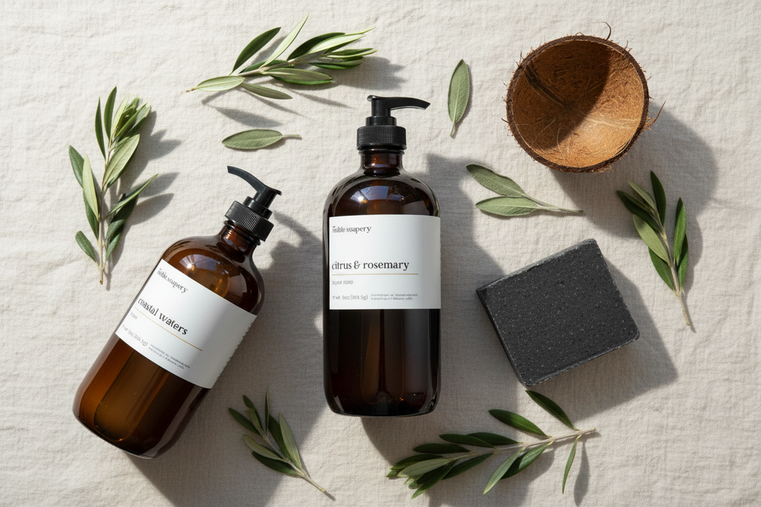A mix of Noble Soapery's liquid soap, bar soap, and lotion on a clean linen surface with botanicals — natural, gentle, and artisanal. 