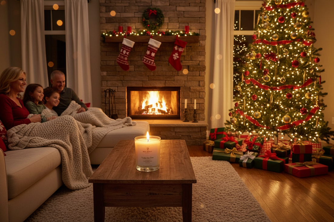 Under the Tree 13oz glowing on the coffee table, fireplace crackling,