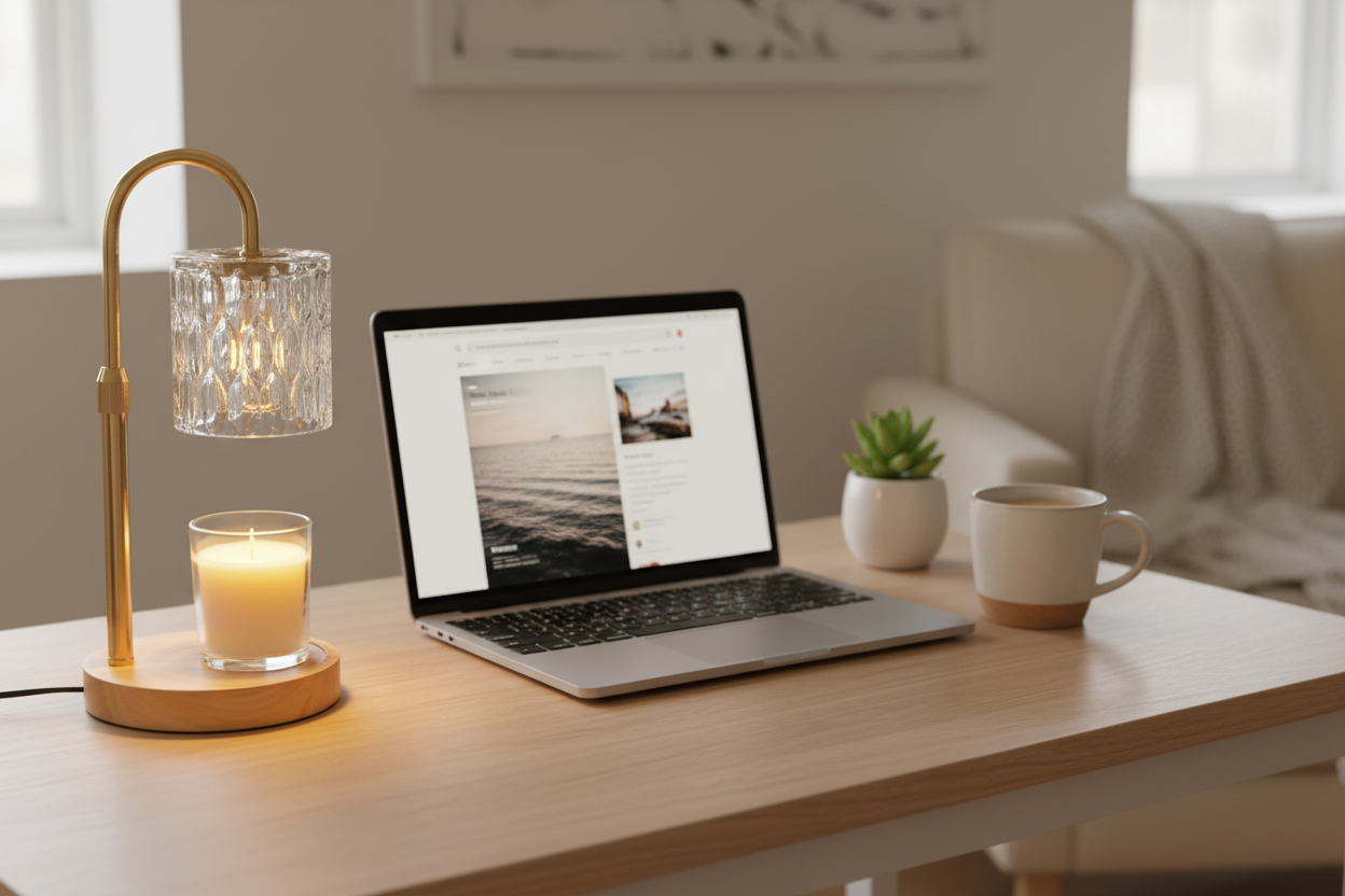 candle warmer with a wickless candle on an at home office desk