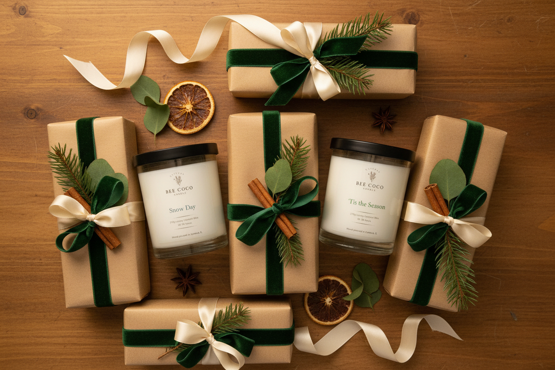 Snow Day, Tis the Season, and Under the Tree — styled as holiday gifts with pine, ribbon, and warm golden light.