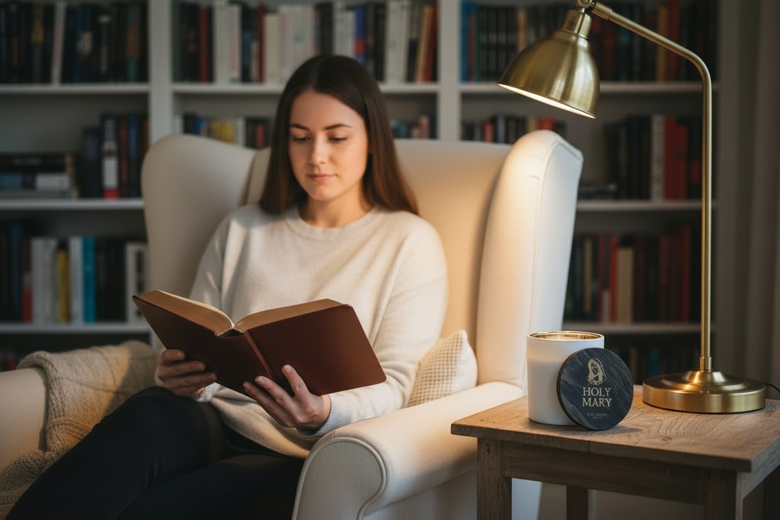GenZ woman reading the Bible with the Holy Mary candle tableside
