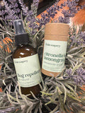 Two bottles of Zoble Soapery products on a background with lavender and eucalyptus leaves.