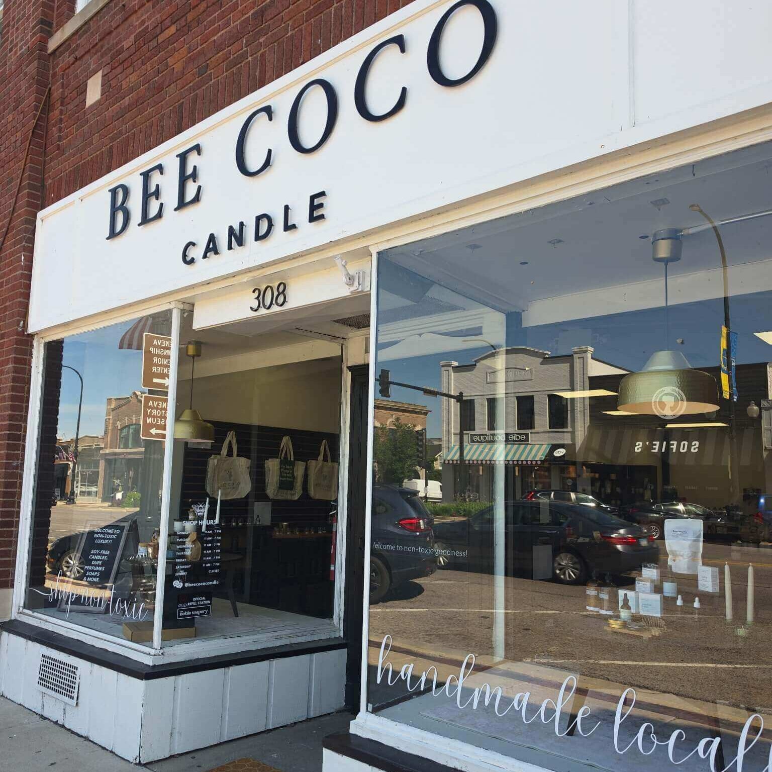Bee Coco Candle store front with large glass windows displaying products.