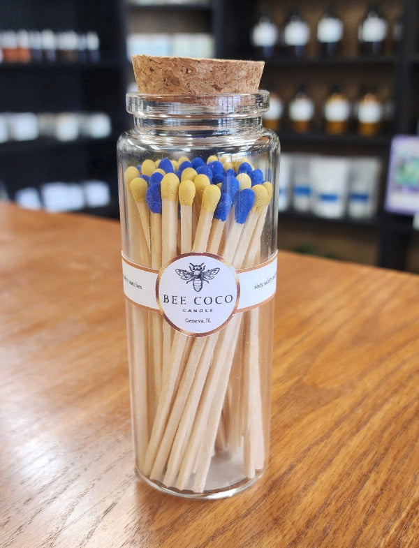 Viking blue and yellow Multi-color matches in a glass jar