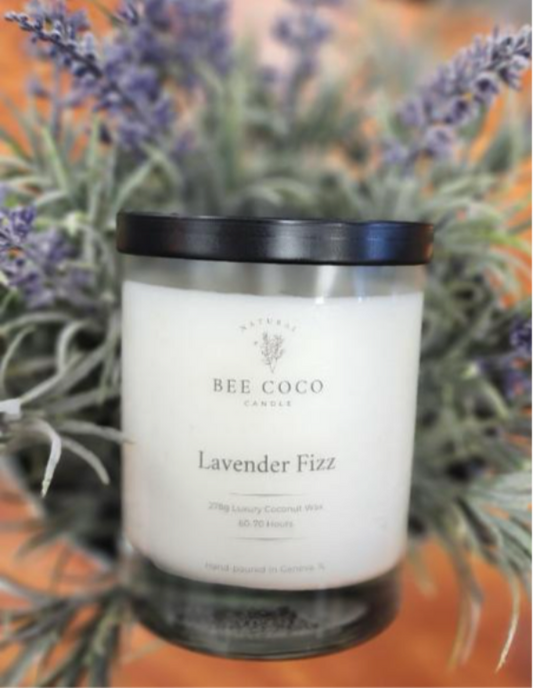 A scented candle named Lavender Fizz from Bee Coco Candle, placed in front of a lavender plant.