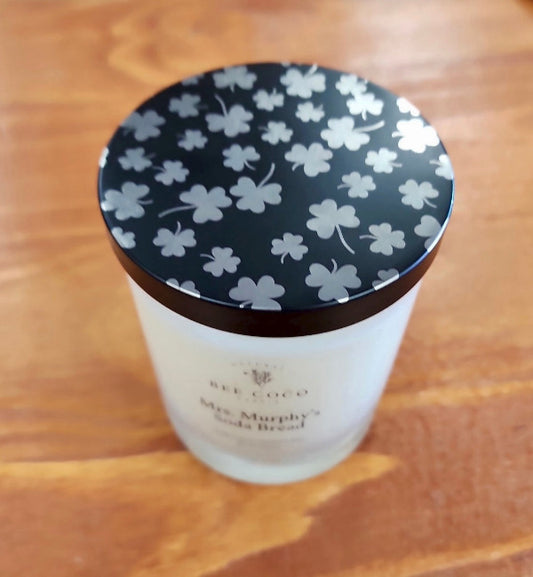 Mrs Murphy Soda Bread Candle overhead shot of clover engraved lid