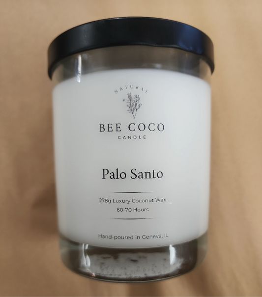 A white candle in a clear glass jar with a black lid, labeled 'Palo Santo' from Bee Coco Candle.