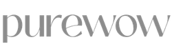 The logo for purewow is shown in a clean, sans-serif gray font on a solid white background.