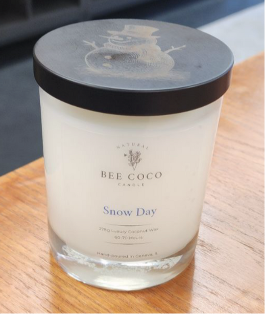 A clear glass candle with a black lid labeled 'Snow Day' by Bee Coco Candle, indicating a winter scent with natural coconut apricot wax.