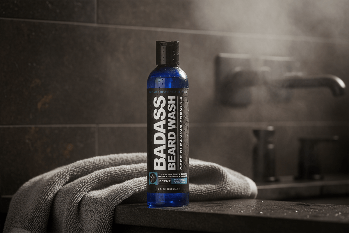 A bottle of Badass Beard Wash stands on a dark countertop with a gray towel draped beside it in a bathroom setting. The product bottle is blue with a black cap and a black label featuring white text.