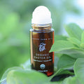 Organic castor oil bottle with roller ball on green leaves