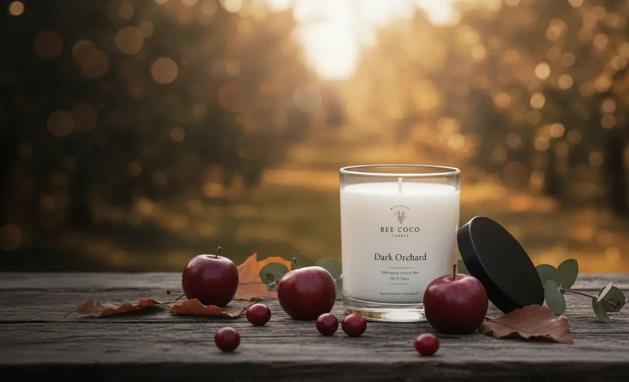 A glass jar candle labeled 'BEE COCO Dark Orchard' sits on a rustic wooden surface outdoors at sunset, styled with red apples, small red berries, and scattered autumn leaves. The black lid rests beside the jar.