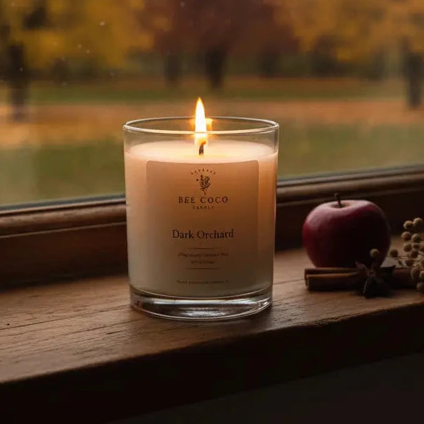 A lit candle in a clear glass jar sits on a wooden windowsill, with a blurred autumn outdoor scene visible through the window behind it. The candle label reads 'BEE COCO CRAFTS' and 'Dark Orchard'.