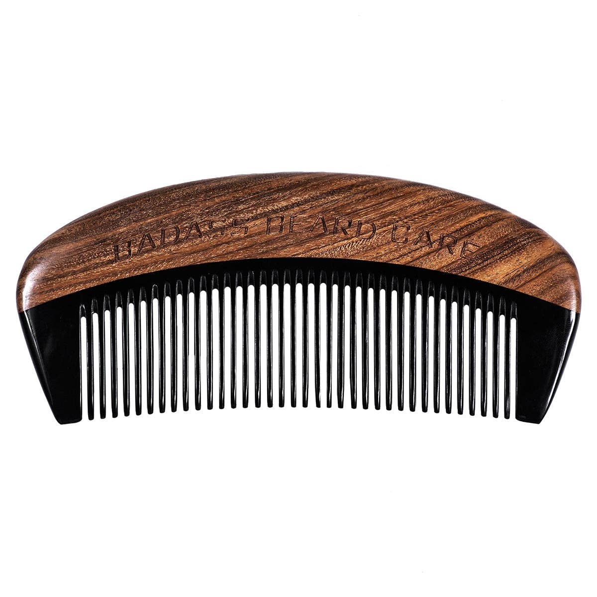 A wooden beard comb with a rich brown wood-grain handle and black synthetic teeth, featuring the brand name 'MADALEN BEARD CARE' engraved on the wooden section, set against a plain white background.