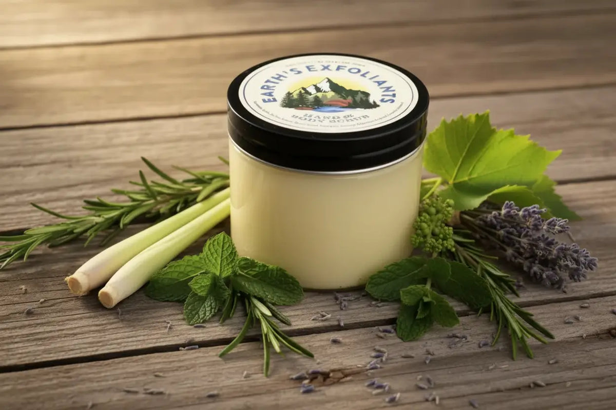 A jar of Bath & Exfoliating Cream by Sarah's Exfoliator, styled on a rustic wooden surface with fresh ingredients including rosemary, lemongrass, mint, and lavender.