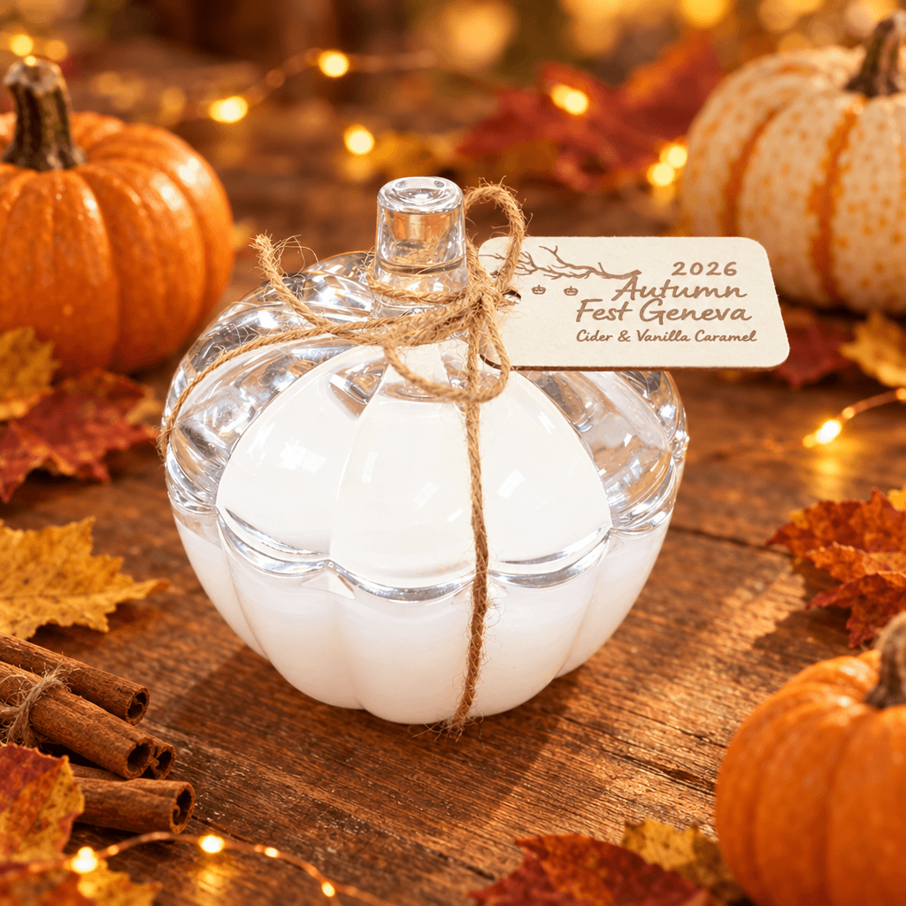 A clear glass pumpkin-shaped bottle filled with white wax or candle wax, tied with twine and a paper tag reading 'Autumn Fest Geneva 2026 Color & Vanilla Caramel.' The bottle is styled on a wooden surface with pumpkins, fall leaves, cinnamon sticks, and warm string lights.