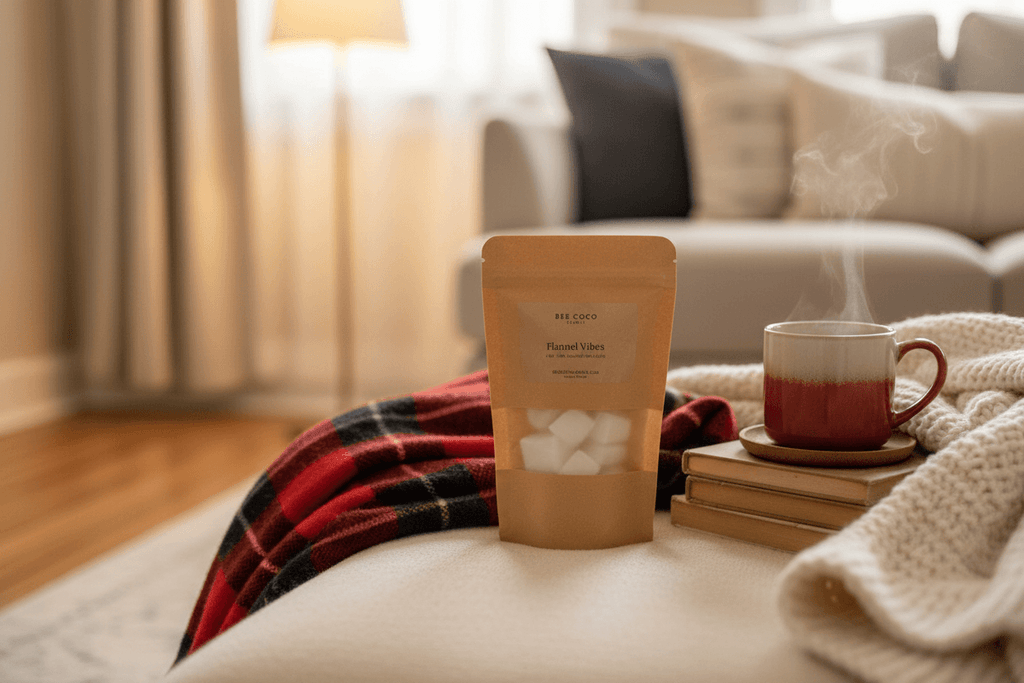 A kraft paper pouch of Flannel Vibes Wax Melts stands on a sofa in a cozy living room setting, styled with a red and black plaid throw blanket, a red-and-white mug on books, and a cream knit blanket.
