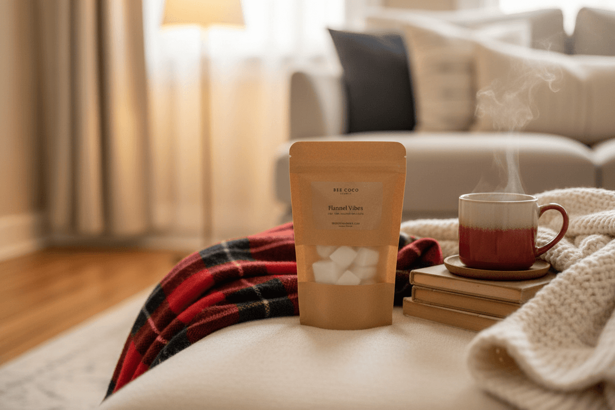 A kraft paper pouch of Flannel Vibes Wax Melts stands on a sofa in a cozy living room setting, styled with a red and black plaid throw blanket, a red-and-white mug on books, and a cream knit blanket.