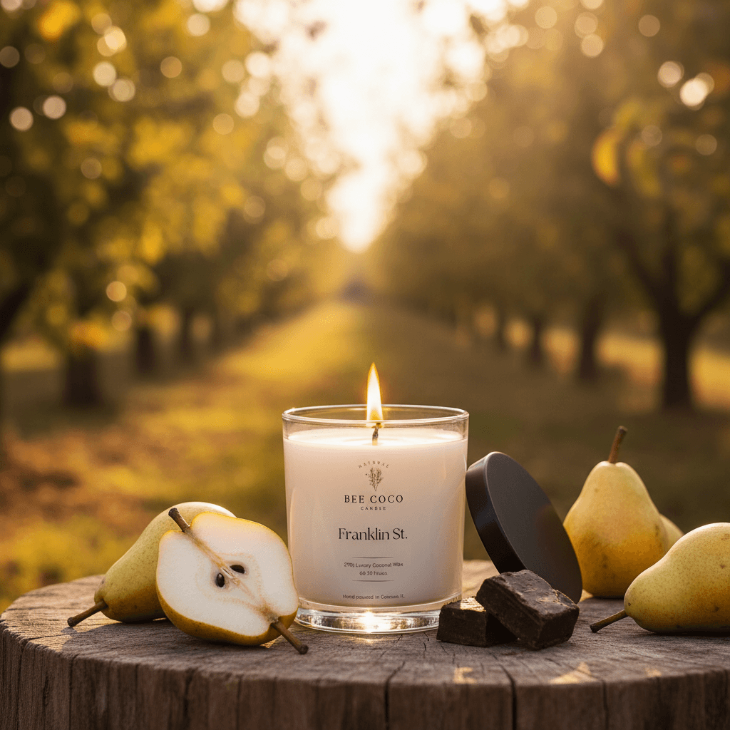 A lit candle in a clear glass jar sits on a wooden surface outdoors, surrounded by pears and dark chocolate pieces. The candle label reads 'BEE COCO CRAFTS' and 'Franklin St.