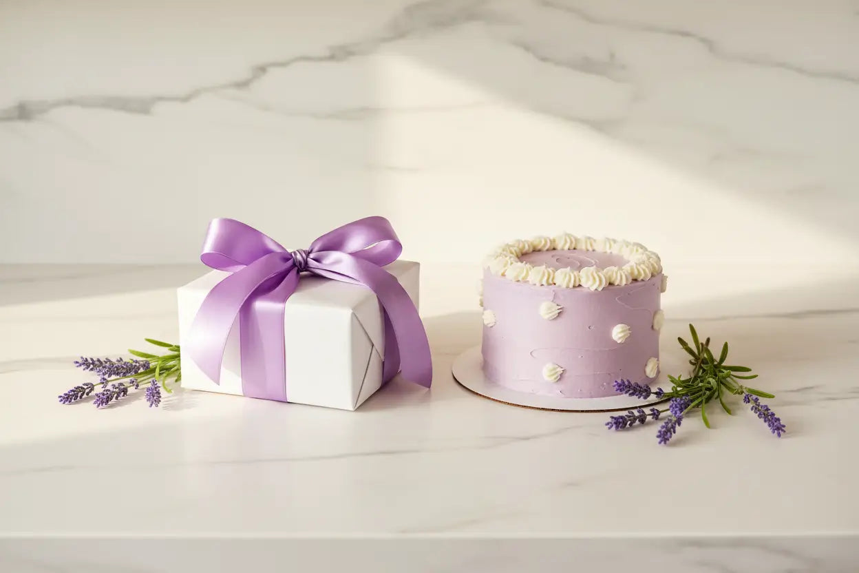 A lavender cake with white polka dots and piped cream trim sits beside a white gift box tied with a matching lavender ribbon, styled with small sprigs of lavender on a light marble surface and background.