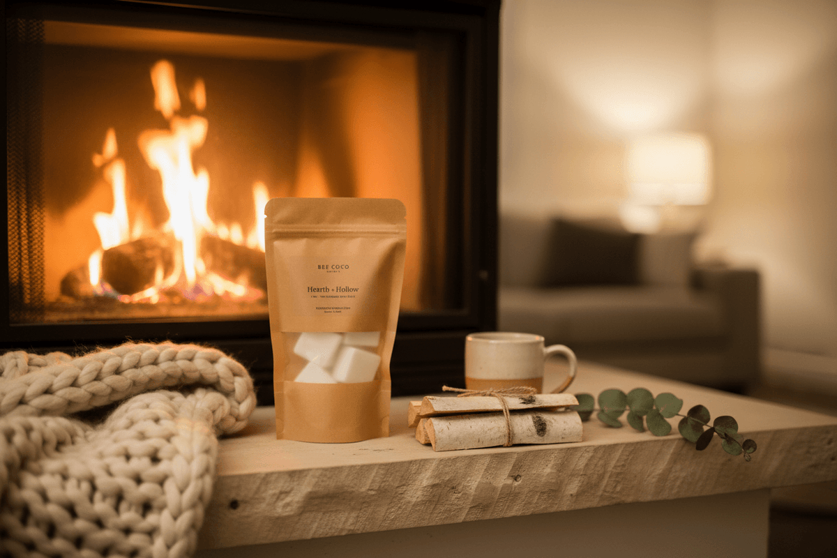 A kraft paper pouch of Hearth + Hollow Wax Melts sits on a rustic wooden mantel in front of a glowing fireplace. The cozy scene is styled with a chunky knit throw blanket, a ceramic mug, a rolled notebook tied with twine, and eucalyptus leaves.