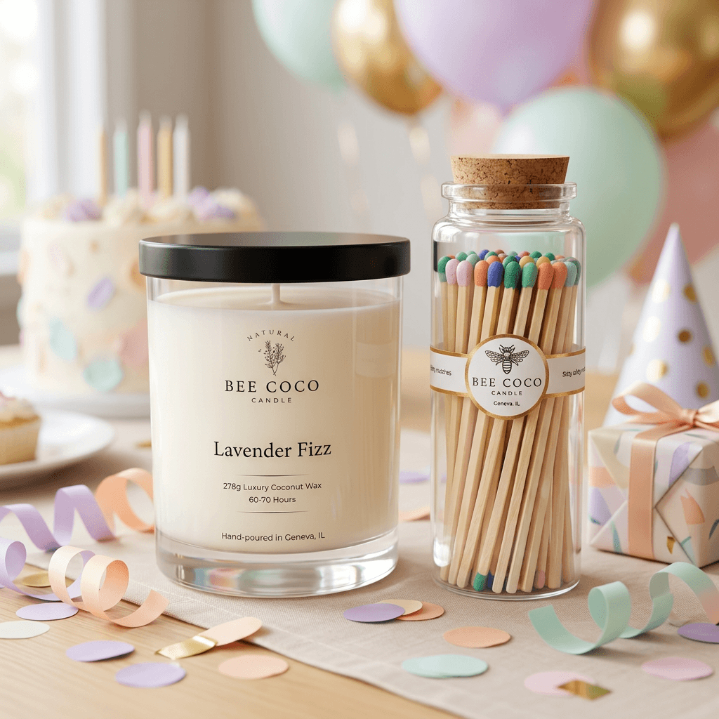 Bee Coco Candle 'Lavender Fizz' in a clear glass jar with a black lid, shown next to a matching glass jar of wooden matches with pastel-tipped tips, styled on a table with confetti, party hats, balloons, and a cake in the background.