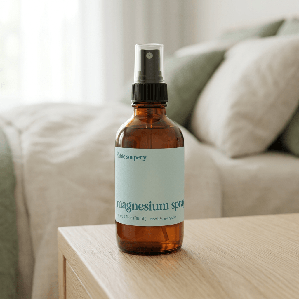 An amber glass spray bottle labeled 'magnesium spray' by Solari soapery, standing on a light wood bedside table in a softly blurred bedroom setting.