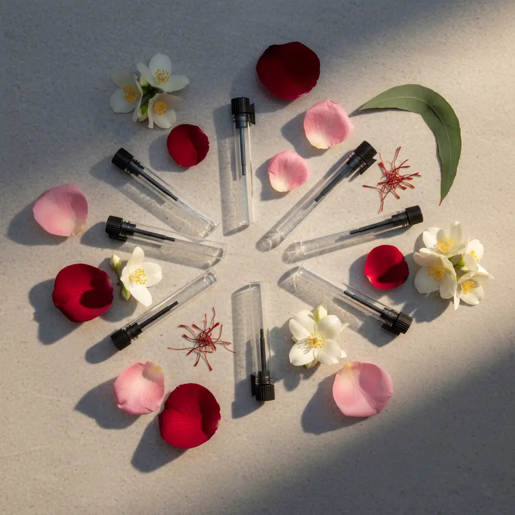 Six clear glass test tubes with black caps are arranged in a circular pattern on a textured beige surface, surrounded by pink and red flower petals, white blossoms, and a green leaf.
