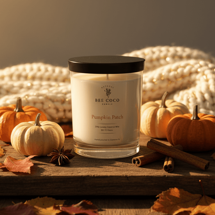 A candle jar labeled 'BEE COCO' and 'Pumpkin Patch' sits on a wooden surface surrounded by small pumpkins, autumn leaves, cinnamon sticks, and a chunky knit blanket in warm fall lighting.