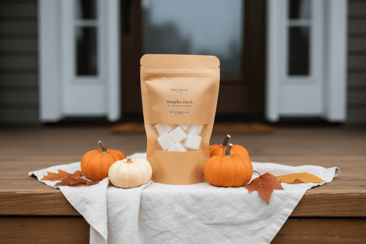 A stand-up pouch of  Pumpkin Patch Wax Melts stands on a white cloth draped over a wooden front porch steps, styled with small pumpkins, autumn leaves, and a blurred porch background.