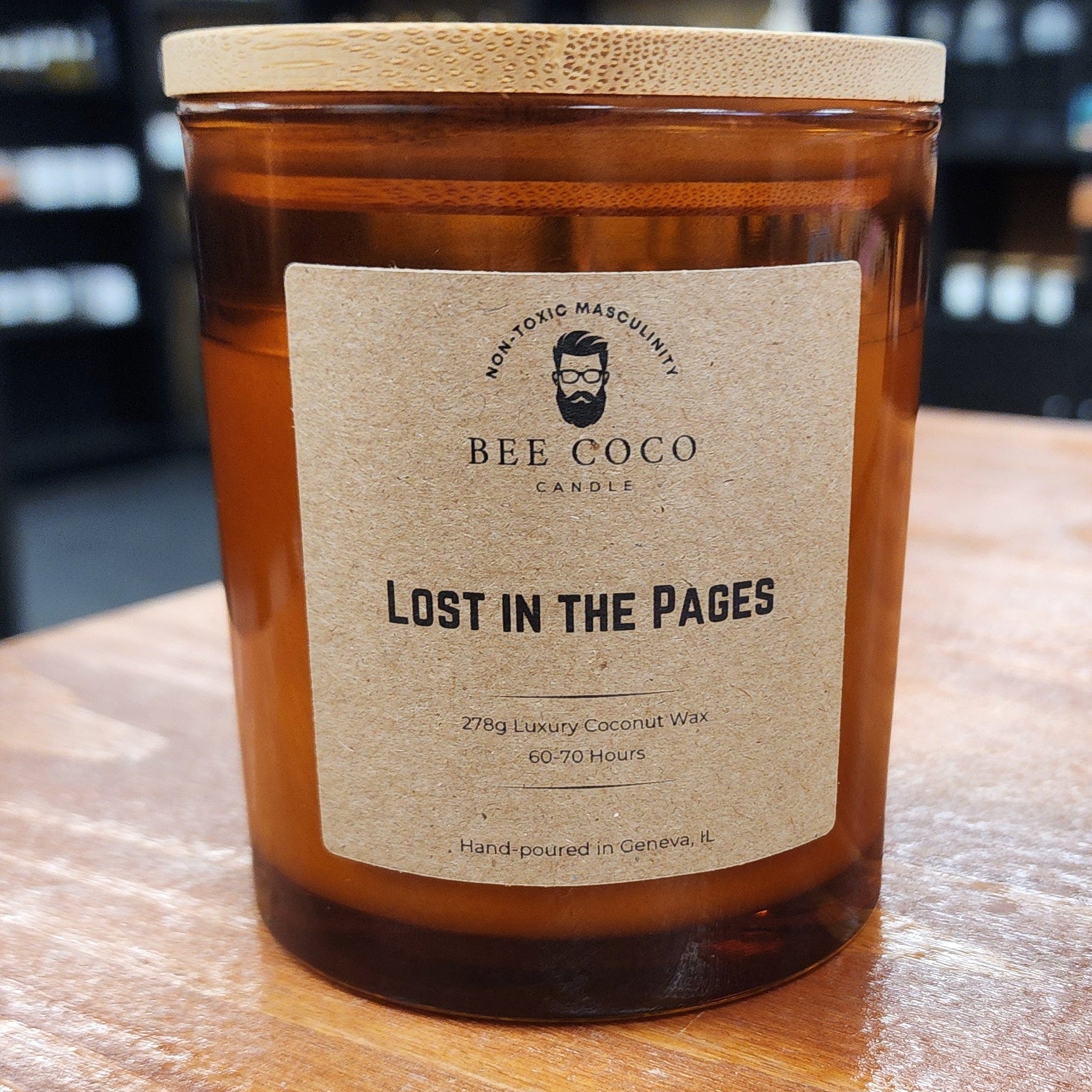 Bottle with a label on a wooden surface