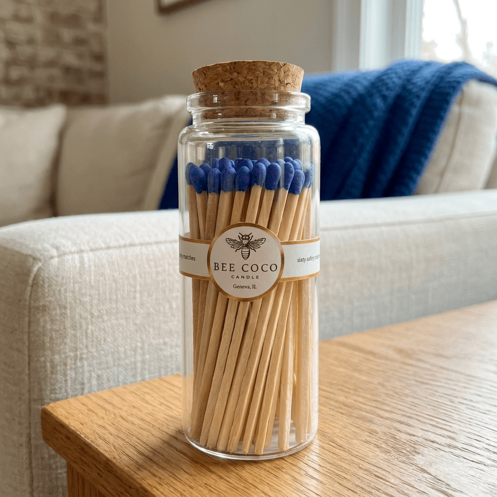 A clear glass jar filled with wooden matchsticks topped with blue tips and sealed with a cork stopper. The jar has a paper label reading BEE COCO CANDLES and sits on a wooden table in a living room setting with a sofa and blue throw blanket in the background.