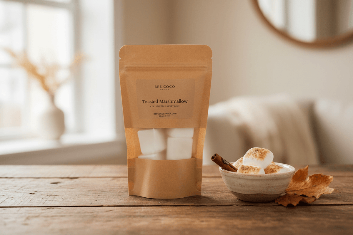 A stand-up pouch of Bee Coco Toasted Marshmallow Wax Melts sits on a rustic wooden table next to a small bowl of marshmallow toast with a cinnamon stick, with a softly blurred cozy interior background.