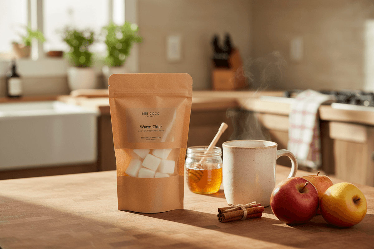 A stand-up pouch of Warm Cider Wax Melts sits on a wooden kitchen counter next to a white mug with steam, honey in a glass jar, apples, and a cinnamon stick, with a softly blurred kitchen background.