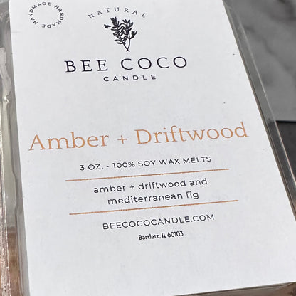 bee coco candle non-toxic amber and driftwood wax melts label
